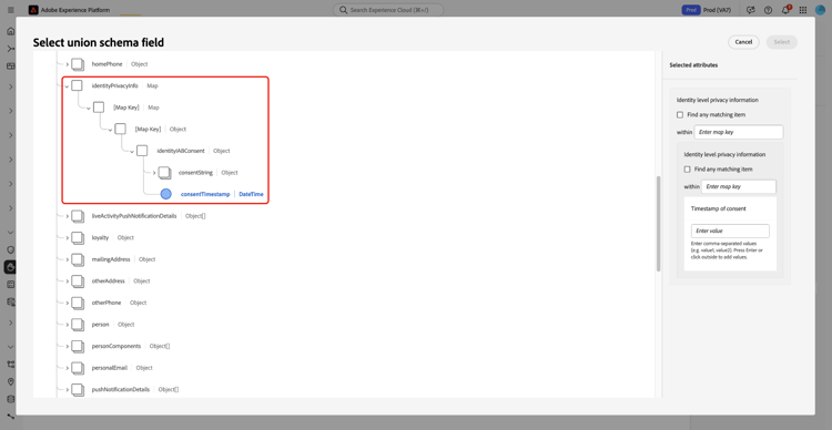 The hierarchical schema navigation panel, showing a user expanding a container to reach a primitive field.