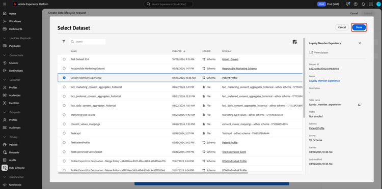 The Select dataset dialog with a dataset selected and Done highlighted.