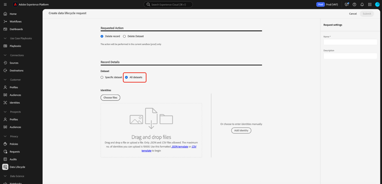 The Select dataset dialog with the All datasets option selected.