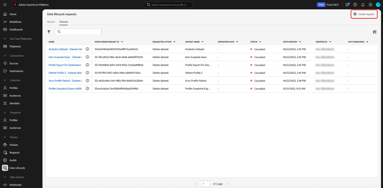 The Data lifecycle requests workspace with Create request selected.