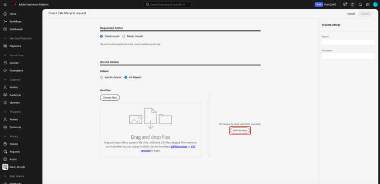 The request creation workflow with the Add identity option highlighted.