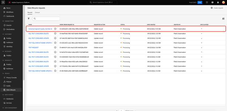 The Record tab of the Data Lifecycle workspace with the new request highlighted.