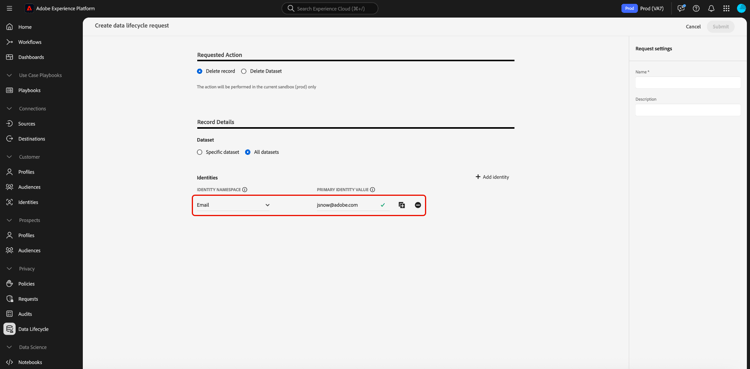 The request creation workflow with an identity field manually added.