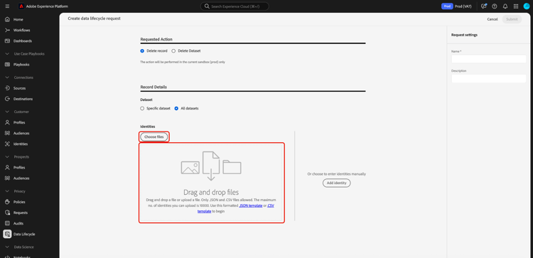 The request creation workflow with the choose files and drag and drop interface for uploading JSON files highlighted.