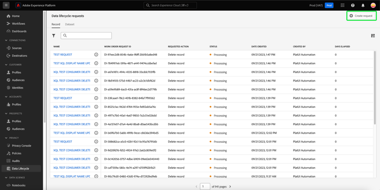 The Data lifecycle requests workspace with Create request selected.