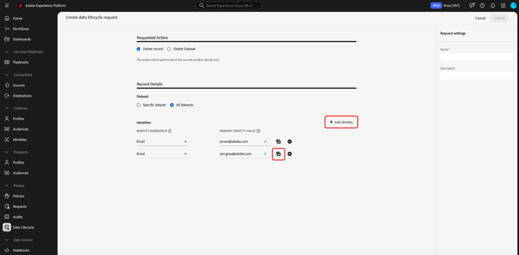 The request creation workflow with the plus icon and the add identity icon highlighted.