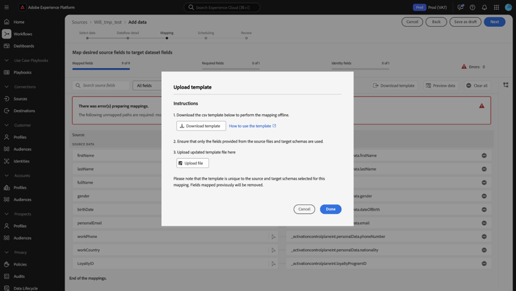 The upload template window that displays options to both download and upload an exported csv file of the mappings.