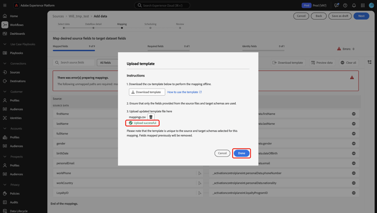 The upload template window with a a new file uploaded.