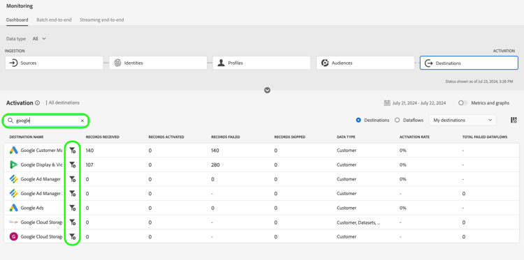 Filter destinations using the search bar highlighted in the monitoring view.