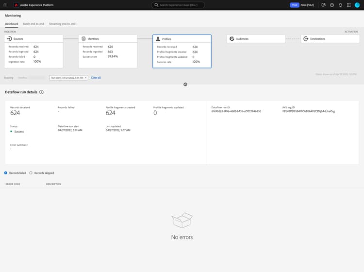 A dashboard showing detailed information about the selected dataflow is displayed.