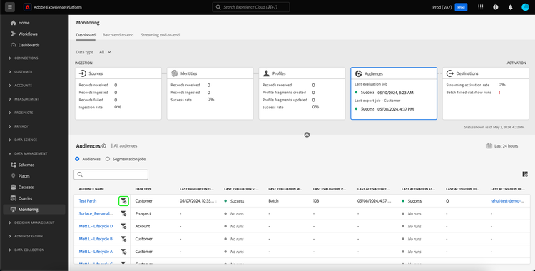 The filter icon is highlighted. Selecting this allows you to view the segmentation jobs for the specified audience.