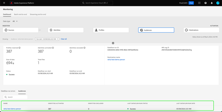 The activation job dashboard. Information about the identities that failed or were excluded is highlighted.