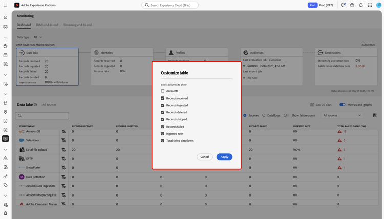 The customize column pop-up window in the monitoring dashboard.