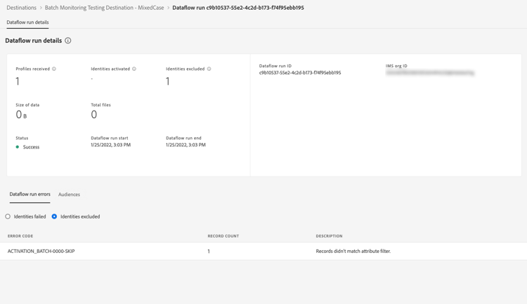 Dataflow run details for batch destinations.