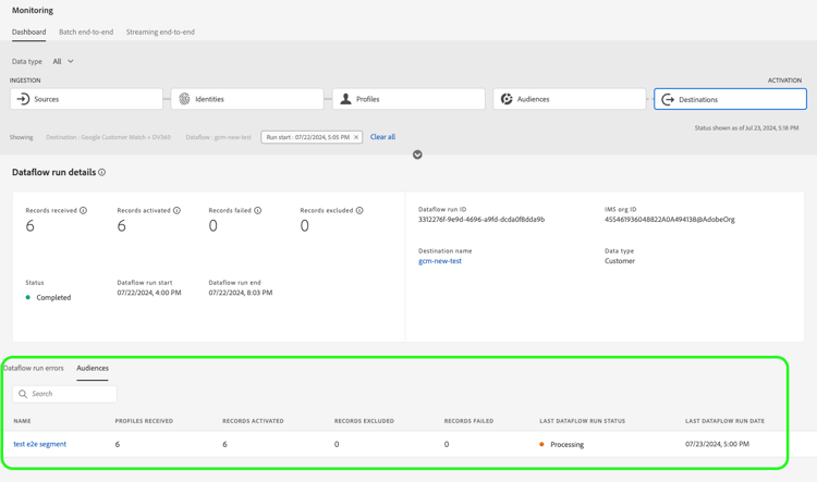 Audiences view in the dataflow run details screen.