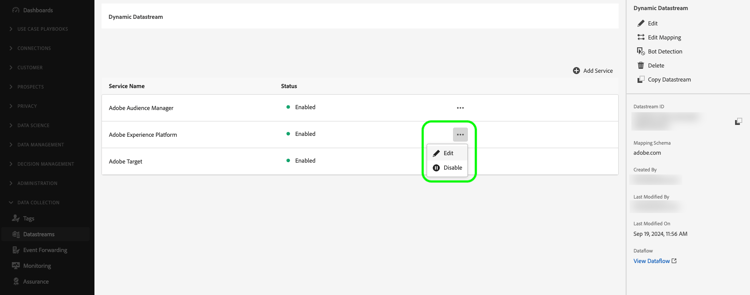 Image of the datastreams user interface showing the services added to a datastream.