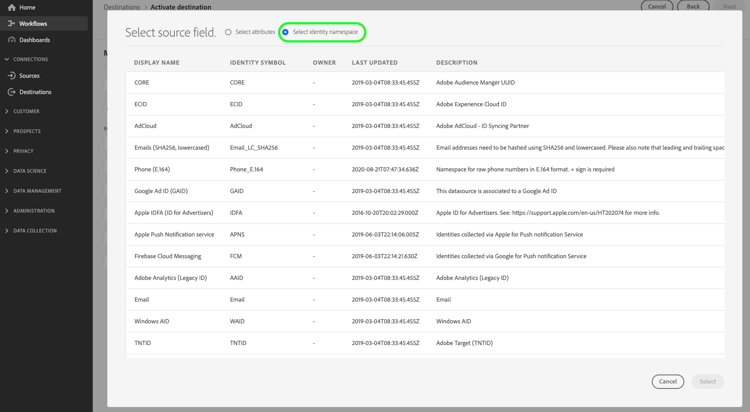 Select identity namespace highlighted in the workflow to activate audiences to destinations.