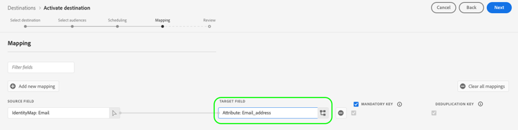 Experience Platform UI screeshot showing the target Mapping screen.