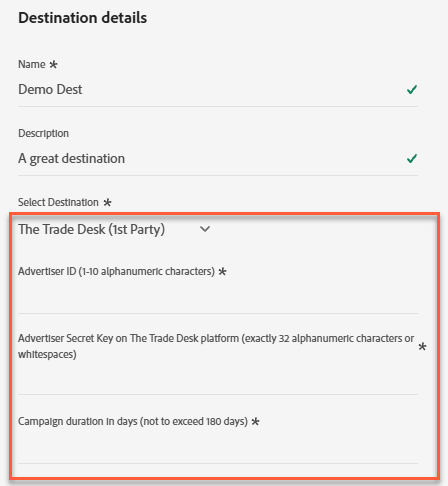 Screenshot of the The Trade Desk destination details panel showing the Advertiser ID, Advertiser Secret Key, and Campaign duration in days fields.