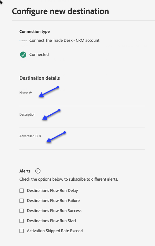 Platform UI screenshot showing how to fill in destination details.