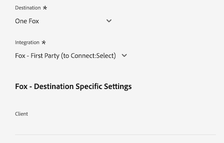 Platform UI image showing the customer data fields for the One Fox destination.