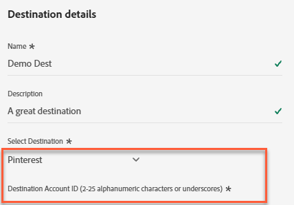 Screenshot of the Pinterest destination details panel showing the Destination Account ID field.