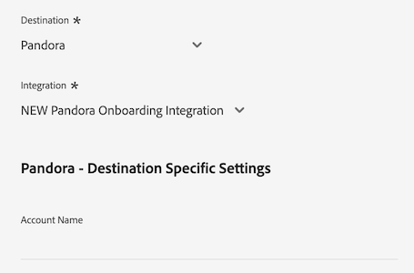 Platform UI image showing the customer data fields for the Pandora destination.