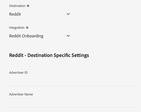 Platform UI image showing the customer data fields for the Reddit destination.