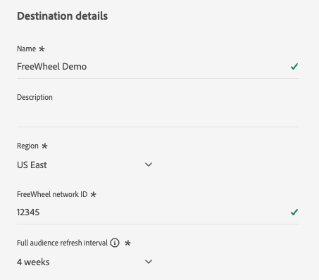 Sample screenshot showing how to fill in details for the FreeWheel destination.
