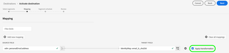 Apply transformation control highlighted in the Mapping step of the activation workflow.