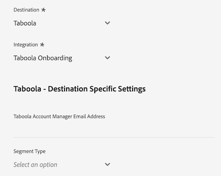 Platform UI image showing the supported identifiers for the Taboola destination.