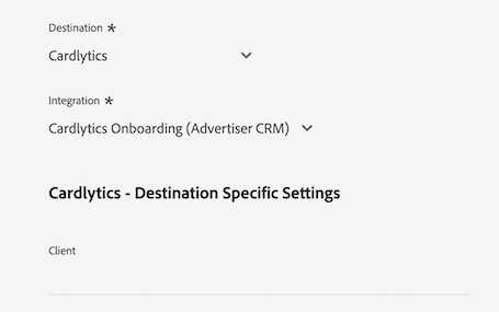 Platform UI image showing the customer data fields for the Cardlytics destination.