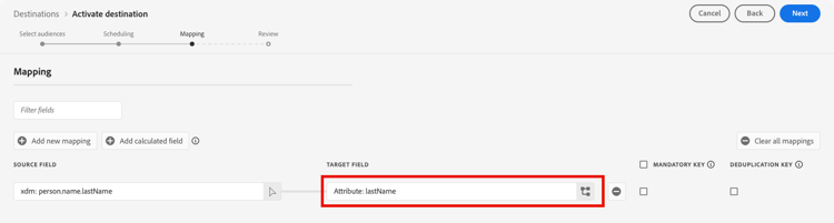 Screenshot showing a custom identity name typed directly into the target field in the mapping step.