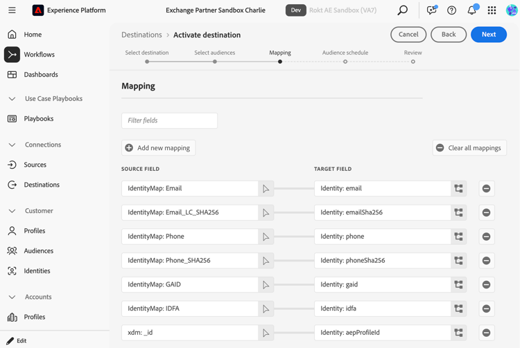 The mapping step of the Rokt destination activation workflow in Experience Platform, with source and target identity fields configured.