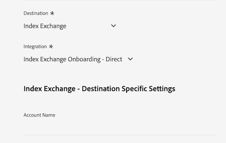 Platform UI image showing the customer data fields for the Index Exchange destination.