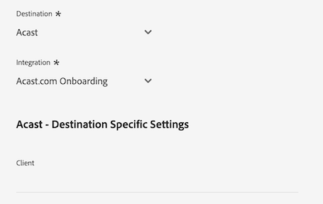 Platform UI image showing the customer data fields for the Acast destination.