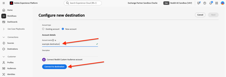 The Reddit Custom Audience destination authentication screen showing fields required to connect.