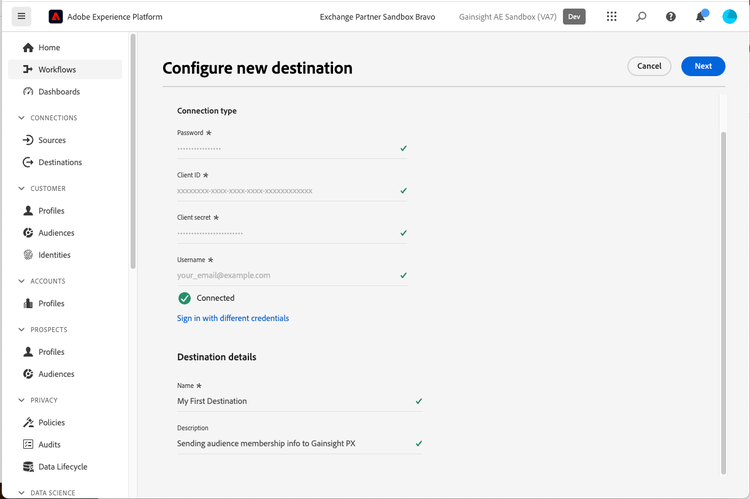 Destination details screen in the Experience Platform user interface showing how to fill in the Name and Description fields