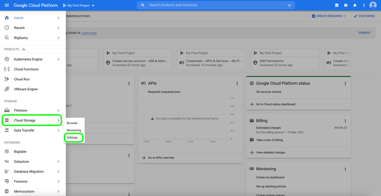 Google Cloud Platform dashboard with Cloud Storage and Settings highlighted.