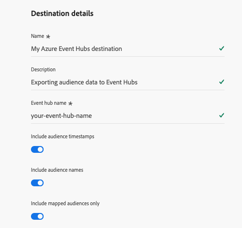 Image of the UI screen showing completed fields for the Azure Event Hubs destination details