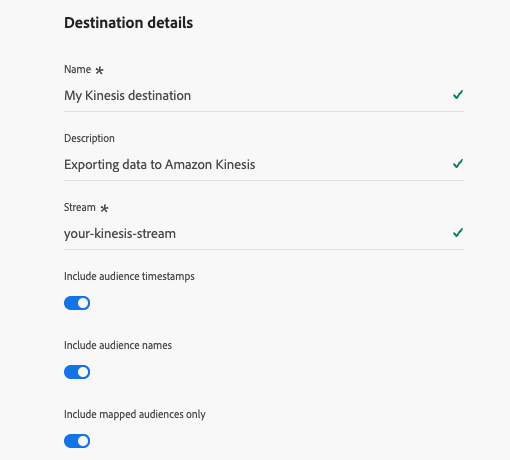 Image of the UI screen showing completed fields for the Amazon Kinesis destination details