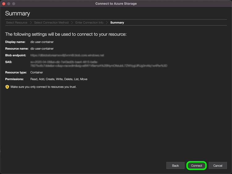 Summary of settings shown in the Azure UI.