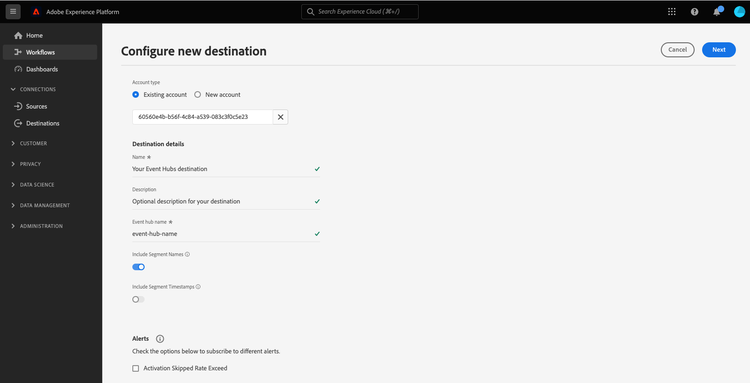 Image of the UI screen showing completed fields for the Azure Event Hubs destination details