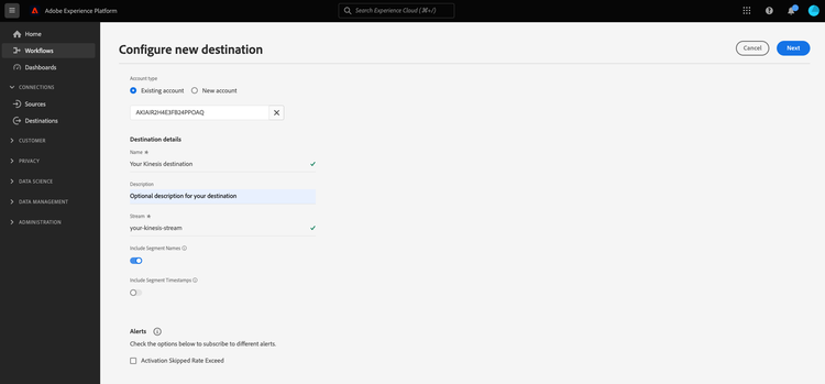 Image of the UI screen showing completed fields for the Amazon Kinesis destination details