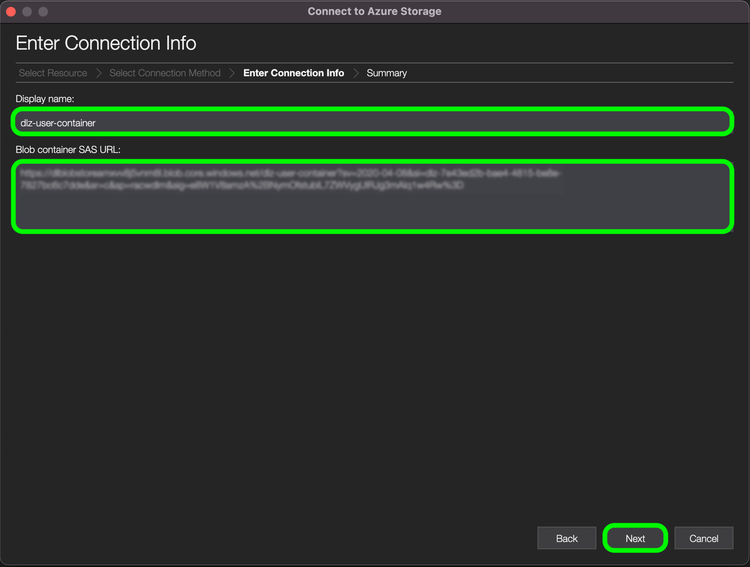 Enter connection info highlighted in the Azure UI.