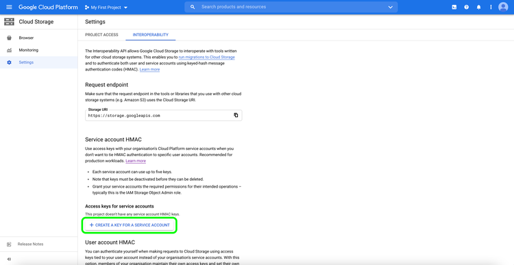 The Create a key for a service account control highlighted in the Google Cloud Platform dashboard.