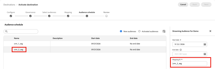 Experience Platform UI screenshot example showing Schedule audience export.