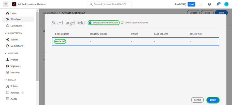 Platform UI screenshot showing Target mapping for contactid.