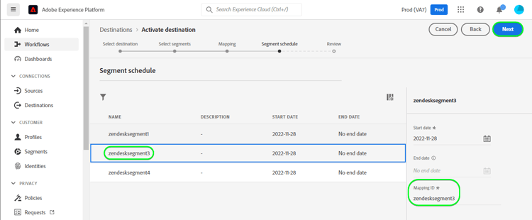 Platform UI screenshot example showing Schedule audience export.