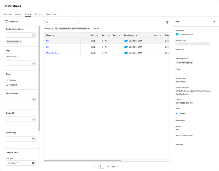 Experience Platform UI screenshot showing Browse Destinations with the destination status.